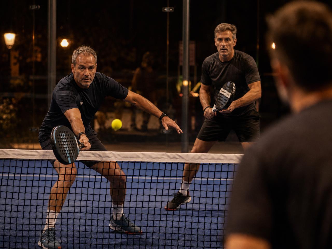 Over 40 division — SA Grand Tour players in competitive match play on a championship padel court
