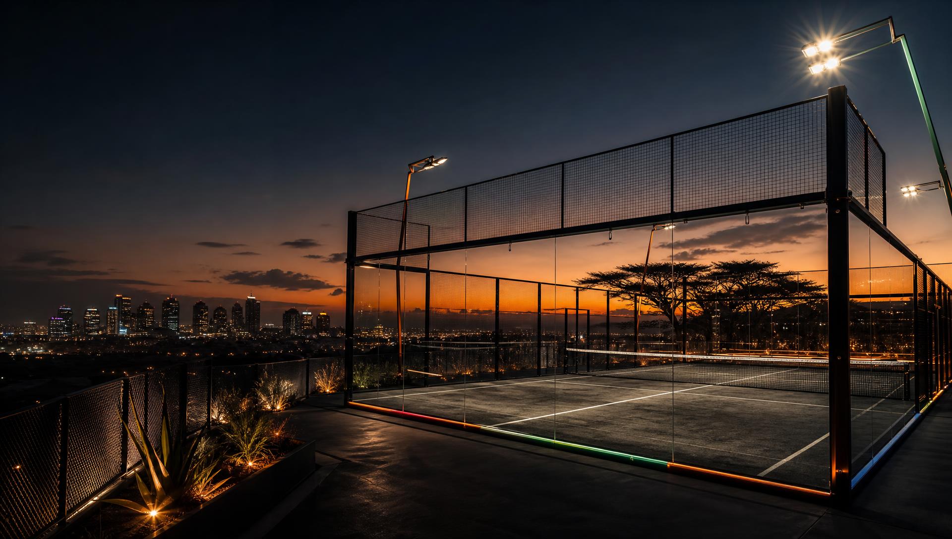Elite floodlit SA Grand Tour padel court at dusk with a South African city skyline beyond